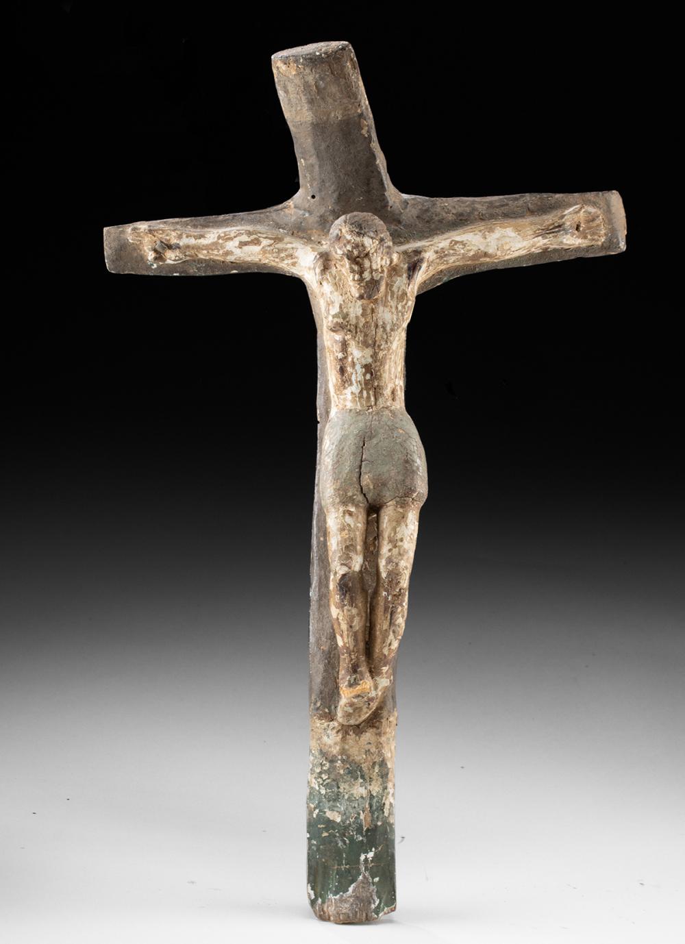 18th C. Spanish Colonial Wood Crucifix with Silver Nail