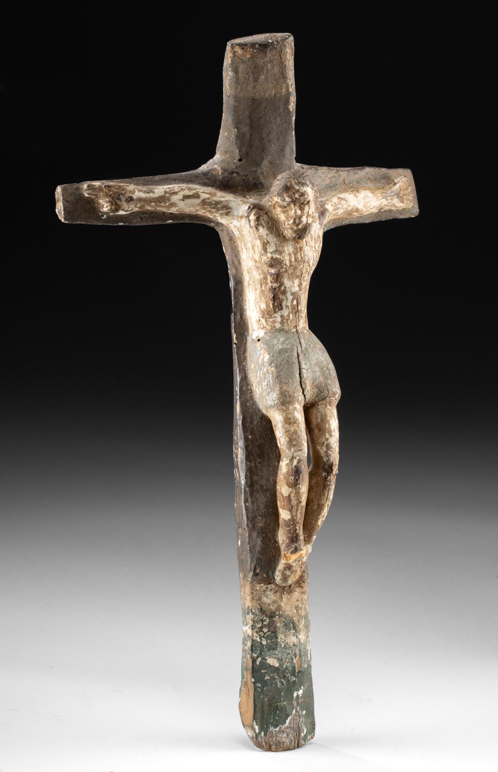 18th C. Spanish Colonial Wood Crucifix with Silver Nail